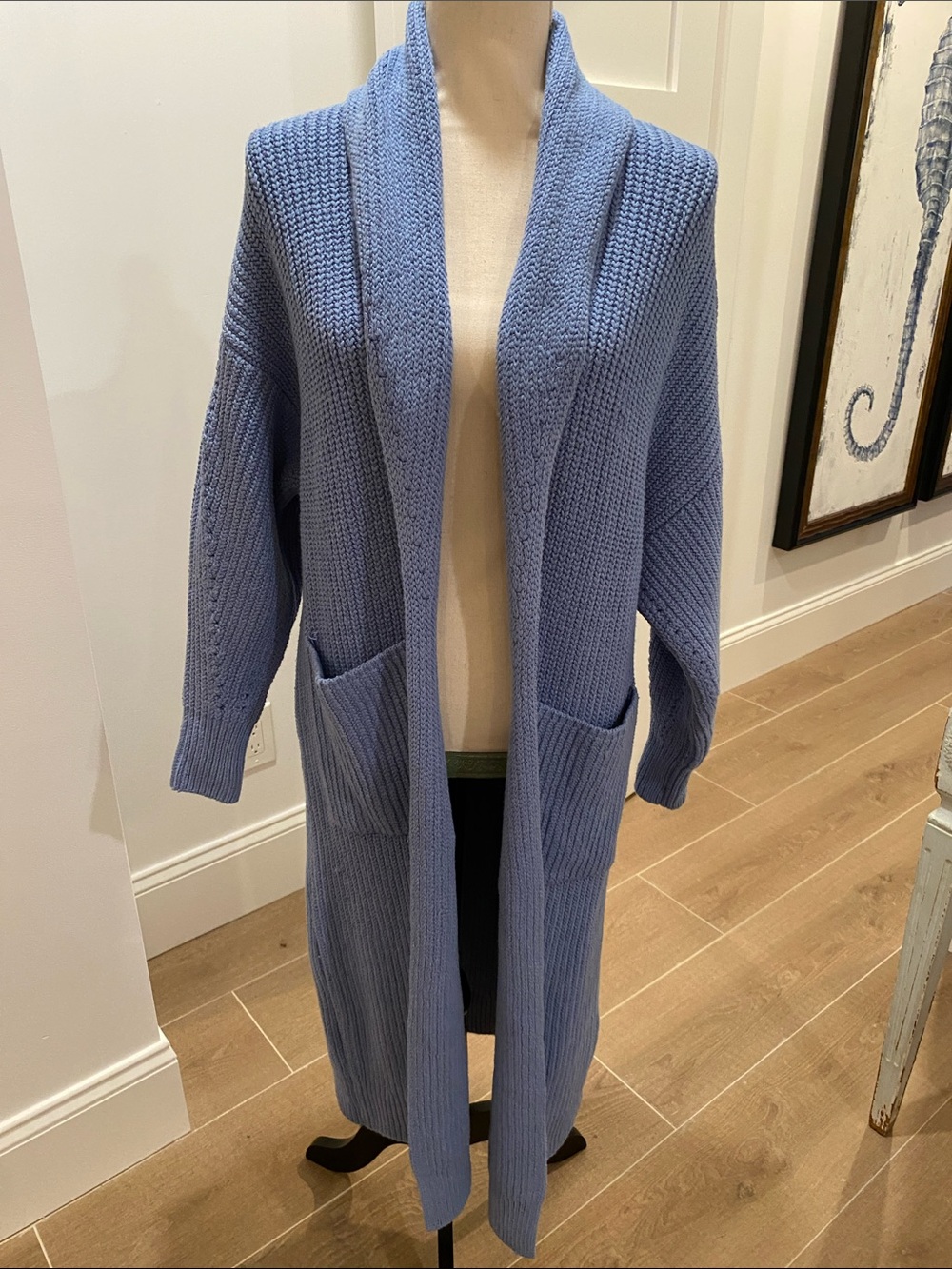 Free People Dusty Periwinkle Long Open-Front Knit Cardigan